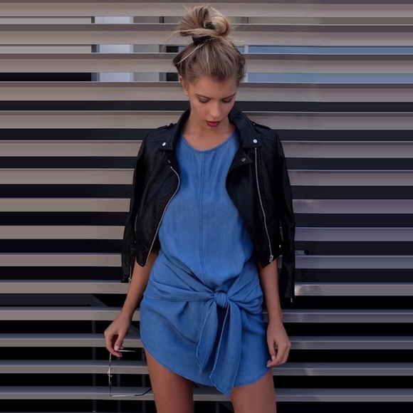 Dresses & Skirts - Chambray Tie Front Shirttail Hem Tunic Mini Dress